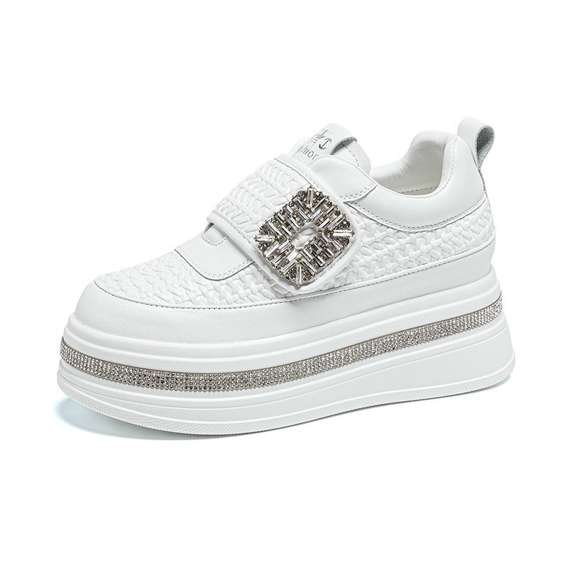 2025 Autumn Women's Rhinestone Sneakers - Petite Height Boost, Magic Tape Closure, Casual Trendy Thick Sole, White