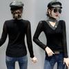 2024 European Autumn/Winter Rhinestone Cutout High Neck Slim Long Sleeve Shirt