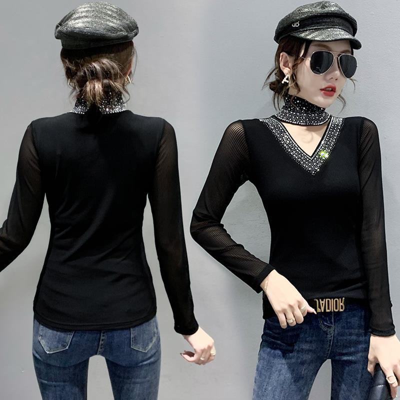 2024 European Autumn/Winter Rhinestone Cutout High Neck Slim Long Sleeve Shirt