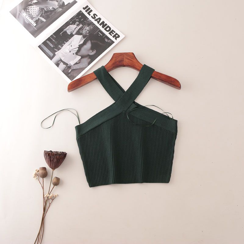 American Fashion Brand Cross Hanging Neck Cami Summer Rib Solid Sexy Short Knitted Top Women