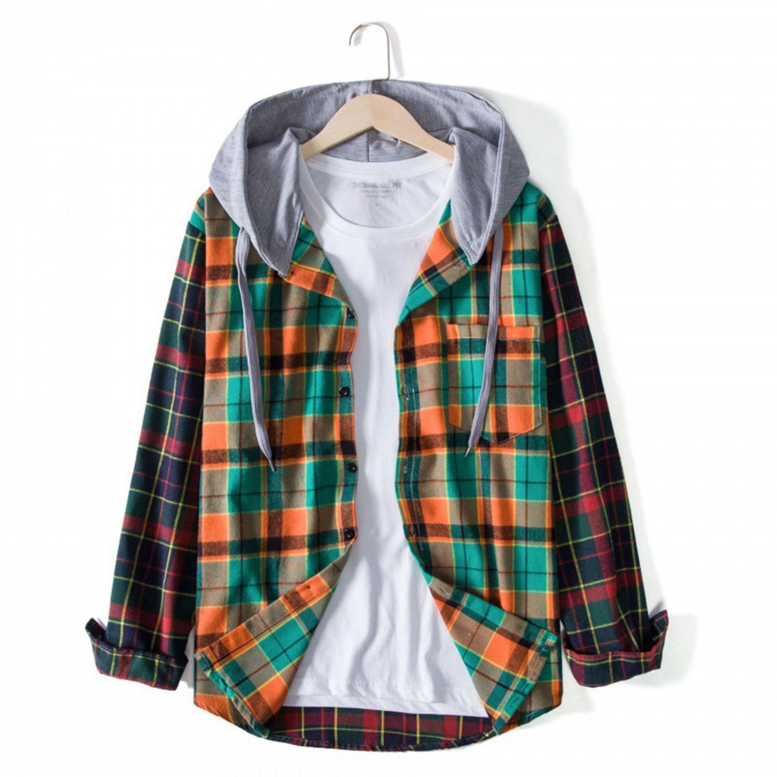 

Мужская рубашка в клетку Модная свободная рубашка с капюшоном и большой контрастной прострочкой L оранжевый