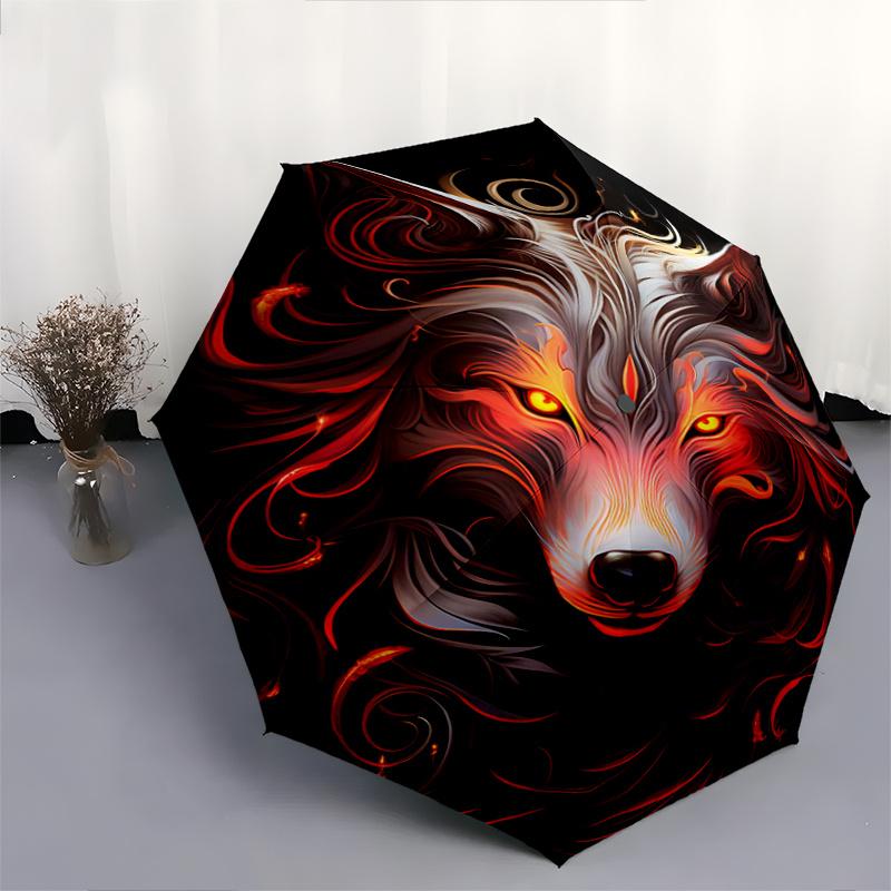 1 Stück Flammender Wolf Automatisches Öffnen und Schließen Faltbar - Eine Gute Wahl für Geschenke, Modischer und Praktischer Regenschirm Mit Niedlichem Cartoon-Charakter