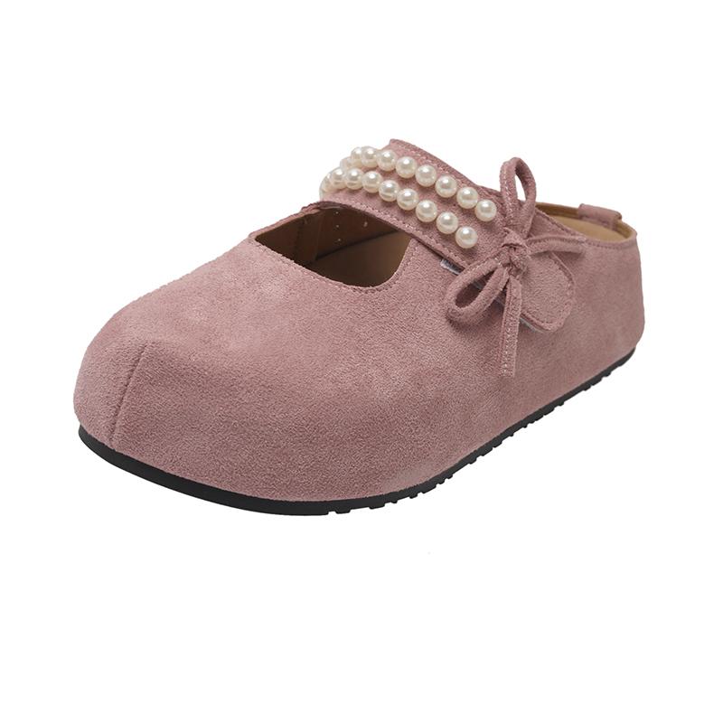 Fashion Flat Shoes Women Fashion Round Head Shallow Mouth Suede Beaded Butterfly Knot Soft Sole Anti-slip Wear Slippers