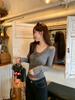 Women's Winter Chic Slim Fit V-Neck Gray Lace Tie-Up Cropped Top