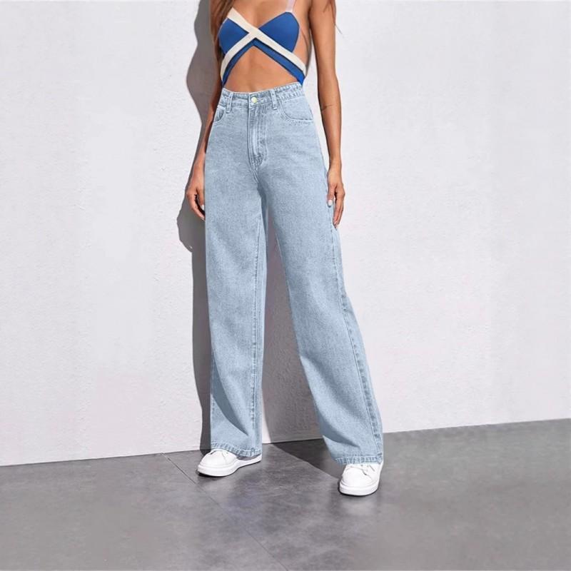 Womens High-Waisted Wide Leg Straight Cut Denim Pants Casual Loose Fit Jeans 2026