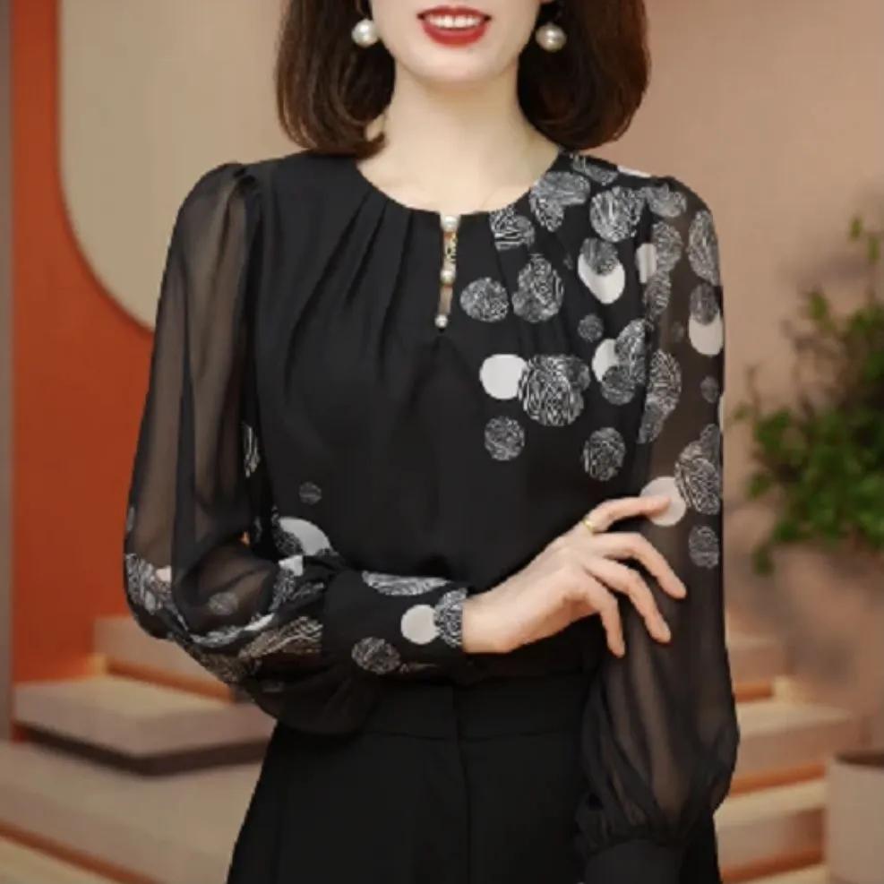 Women's Spring/Summer Long-Sleeve Lightweight Blouse Elegant and Youthful Plus Size Top