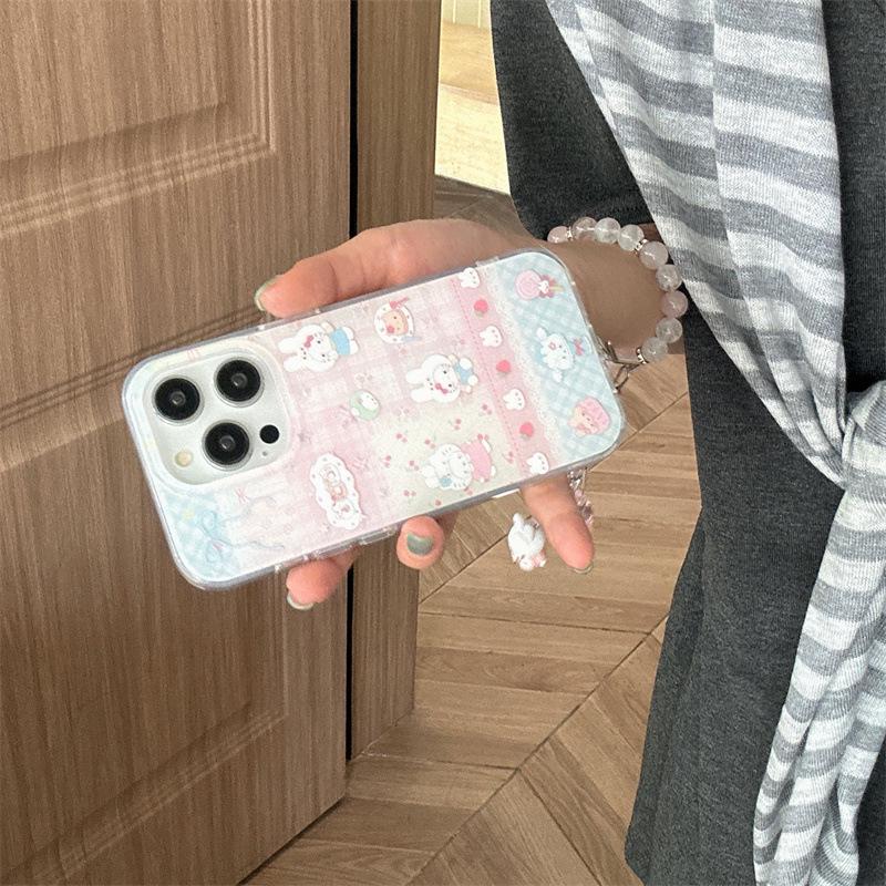 Cherry Blossom Rabbit Plaid iPhone Case for 13/14/15/16 Pro Max - Japanese Korean Style