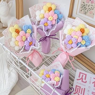 Miniaturowy ręcznie robiony dziergany bukiecik, miniaturowe dziergane kwiaty, podręczne dekoracje na prezent dla dziewcząt na Dzień Matki