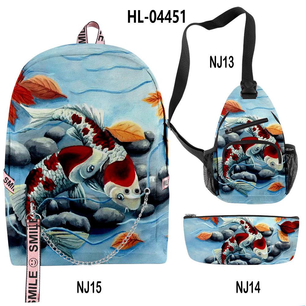 Classico Novità Divertente Cool Carpa Dorata Stampa 3D Set da 3pz Zaini Scolastici multifunzione Zaino da Viaggio Borsa a Petto Astuccio