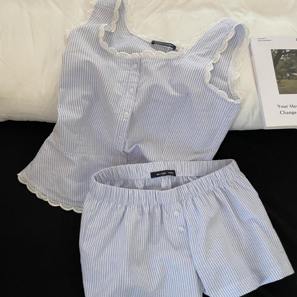 

Женский корейский полосатый кружевной лоскутный комплект из майки и шорт M