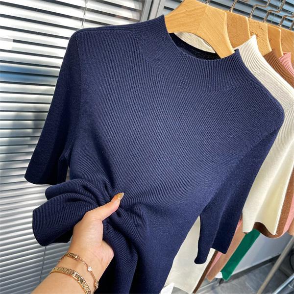 Spring and Autumn thin semi-turtleneck bottoming shirt women's half-sleeved knitted sweater new five-quarter-sleeved slim-fitting foreign-style medium