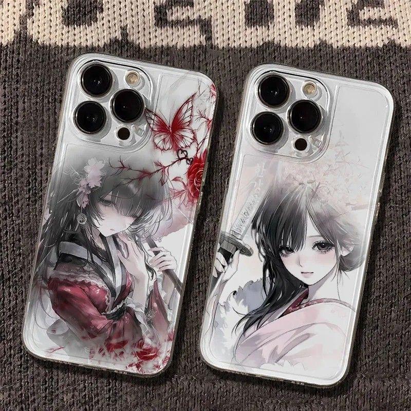 Anime Samurai Girl Kimono Sword Pattern Phone Case for iPhone 17 16 15 14 13 12 11 16E Series Pro Max Plus