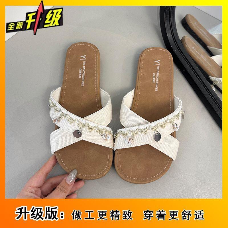 Seaside vacation wind one-word casual with skirt shoes 2025 new flat-bottomed cross with cool slippers women's summer wear