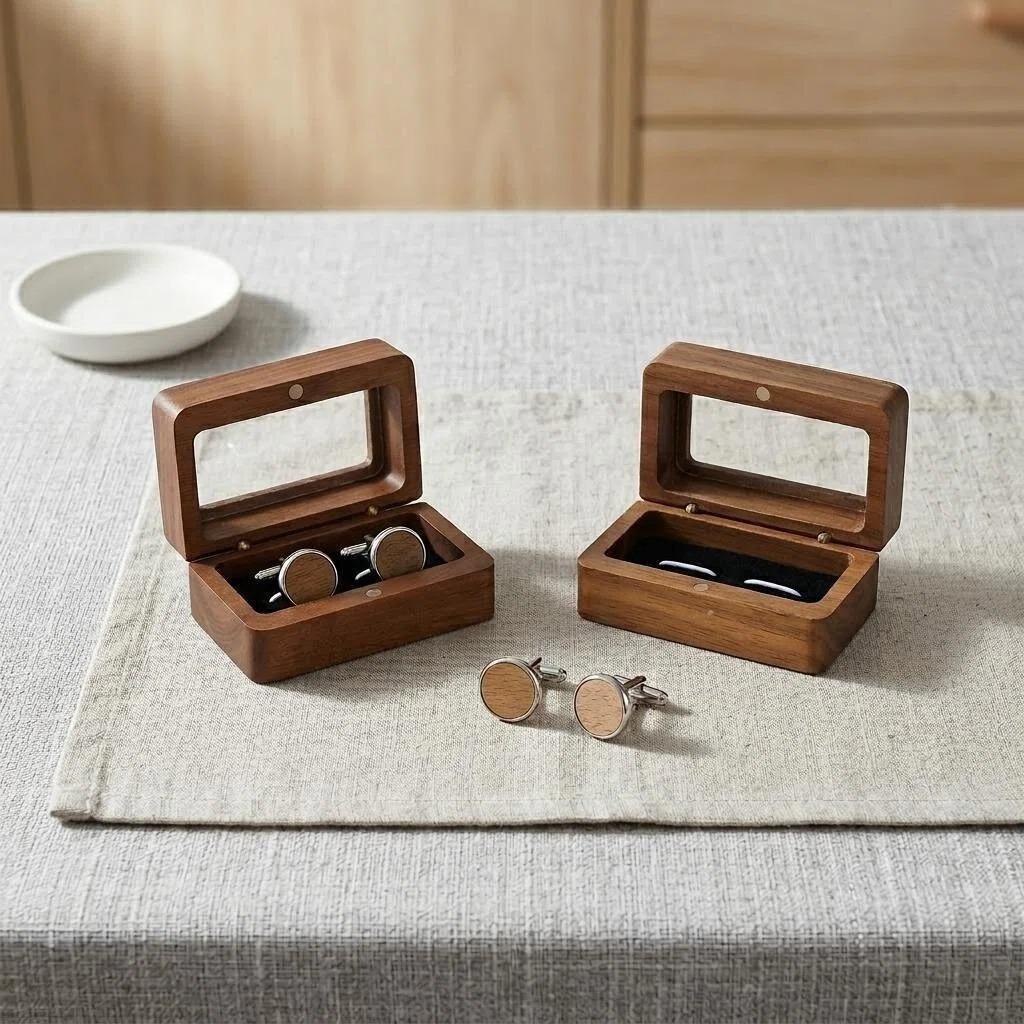 Solid Wood Black Walnut Window Opening Exquisite Cufflink Box Sleeve Nail French Cufflink Set Box Packaging Gift Box Accessories