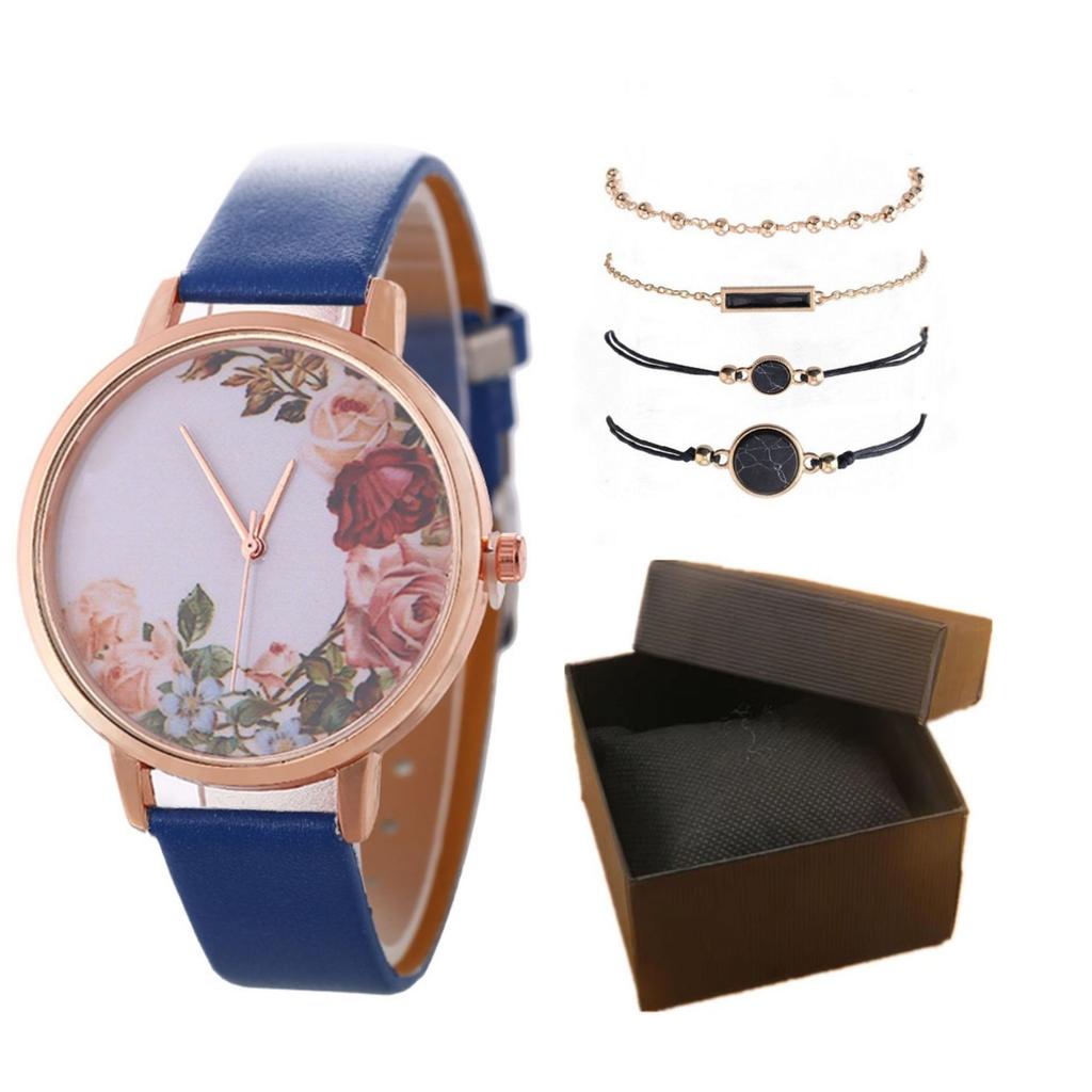 Stylish And Simple Rose Face Leather Belt Watch Female Pu Belt Quartz Lady Watch Watch Bracelet Set Female
