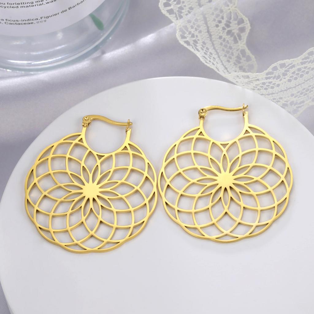 Dawapara Stainless Steel Bohemian Hoop Earrings Filigree Mandala Sacred Geometry Amulet Wiccan Earrings Women Jewelry