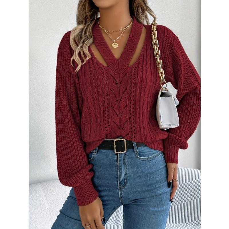 Einfarbiger V-Ausschnitt mit Lochmuster Langarm-Pullover für Herbst und Winter Freizeiturlaub.