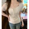 Skinny and Thin, Straight Shoulder U-neck Splicing Floral Short-sleeved T-shirt for Women's Summer Pure Desire Bm Wind Semi-open Collar Two-piece Top