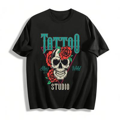 Camiseta Gráfica Estilo Tatuagem Caveira Rosa Vintage Streetwear Ousado Camiseta 100% Algodão