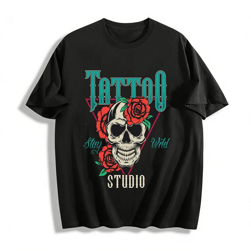 Vintage Skull Rose Tattoo Style Graphic Tee Edgy Streetwear Top Pure cotton T-shirt XXS