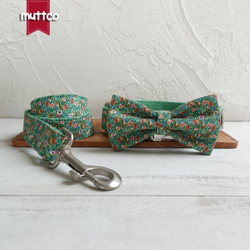 MUTTCO Flower Meadow Dog Collar & Leash Set with Bowtie UDC-126 Medium