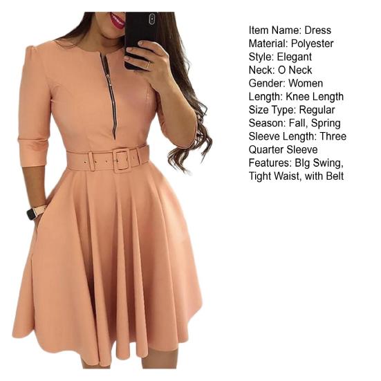 Dam Vårklänning Trefjärdsärmar Enfärgad med Bälte Åtsittande Midja A-linje Klänning Uppklädd Knälång Dragkedja Dam Höstklänning Damkläder