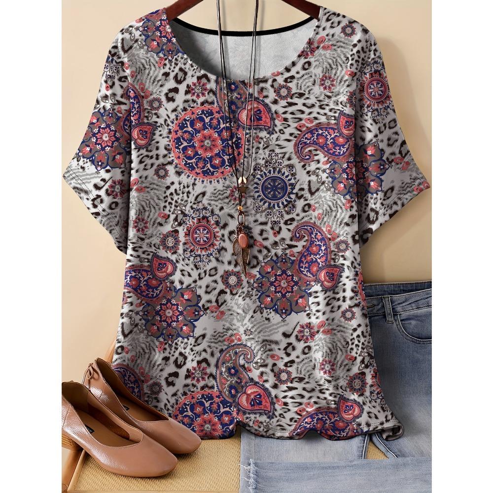 Summer Women Pattern Splicing 3D Printed Short Sleeved T-shirt Fashionable Comfortable Soft Breathable Large Loose Retro Style T-shirt