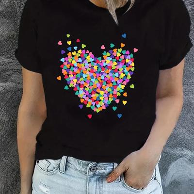 Dam T-shirt hjärtformat mönster tryck sommarkläder rund hals kortärmad streetwear topp