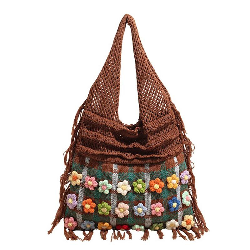 Fashion Crochet Knit Shoulder Tote Bag with Colorful Flower Tassel Womens Shoulder Bag for Vacation Shopping and Daily Outing Ladies' Holiday Gifts