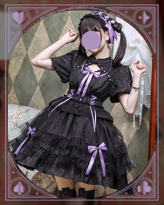 JIURUN Lolita Gothic Lolita Dress with 3D Panel Anime Bow Tie Plus Mori Sweet Gothic Cute Lady and Size One-Piece Pattern, Ruffles, Joints, Cosplay,