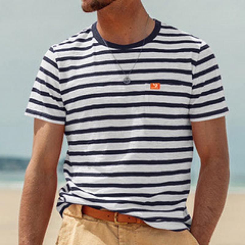 

Men s Striped Crew Neck T-Shirt - Casual Short Sleeve Contrast Collar Tee with Small Label Detail for Daily Wear S темно-синього кольору