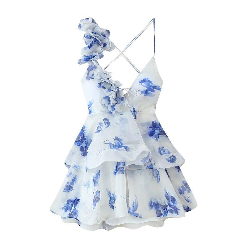 

Za Summer New Women clothes Sweet Style V-neck Sleeveless Waist Hugging Three-Dimensional Flower Decoration High Waist Short Sling Dress Blue L