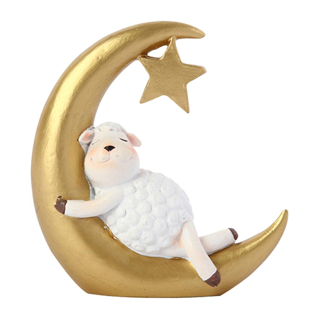 Animal Sculptures Sheep Sleepings On Crescents Moon Figurines Table Ornament Resin Moon Sheep Statue Home Office Decors