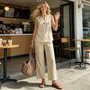 2 Piece Cotton Linen Sets for Women, Sleeveless V Neck Tank Top And Wide Leg Pants Casual Lounge Outfits with Pockets