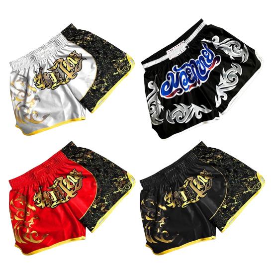 Unisex Muay Thai Shorts Ice Silk Printed Embroidery Elastic Waist Boxing Fight Kickboxing Grappling Training Workout Gym Shorts