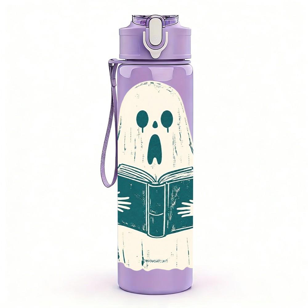 1PC Cute Ghost Reading Book Halloween Print 750ml Color Plastic Sports Water Bottle Leakproof Flip Straw Lid Suitable for Sports Office Home Use