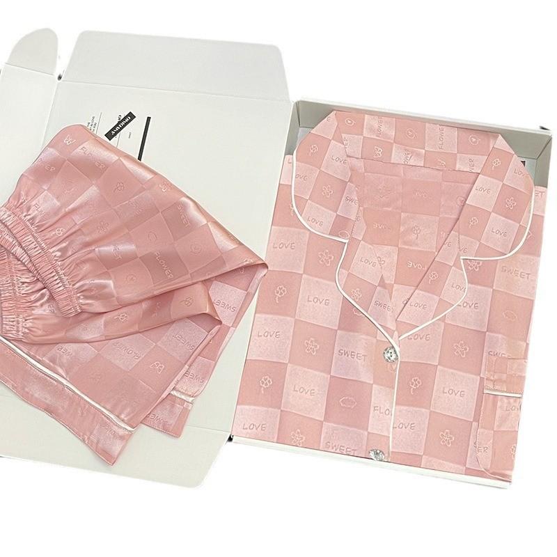 

2-х предметная пижама женская жаккардовая клетчатая шелковая с короткими рукавами шорты костюм кардиган с лацканами однотонная домашняя одежда для девочек женская одежда для сна M розовый