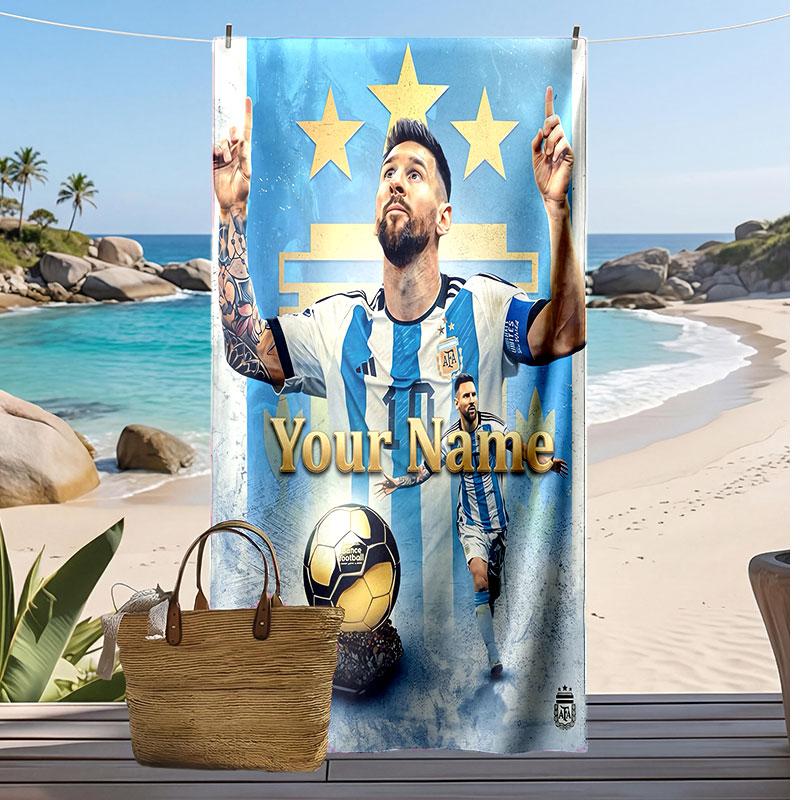 Asciugamano da Spiaggia Personalizzato Stampato Lionel Messi Logo Calcio Supporto Nome Personalizzato Testo Asciugamano Assorbente Per Sport Viaggio Regalo Speciale