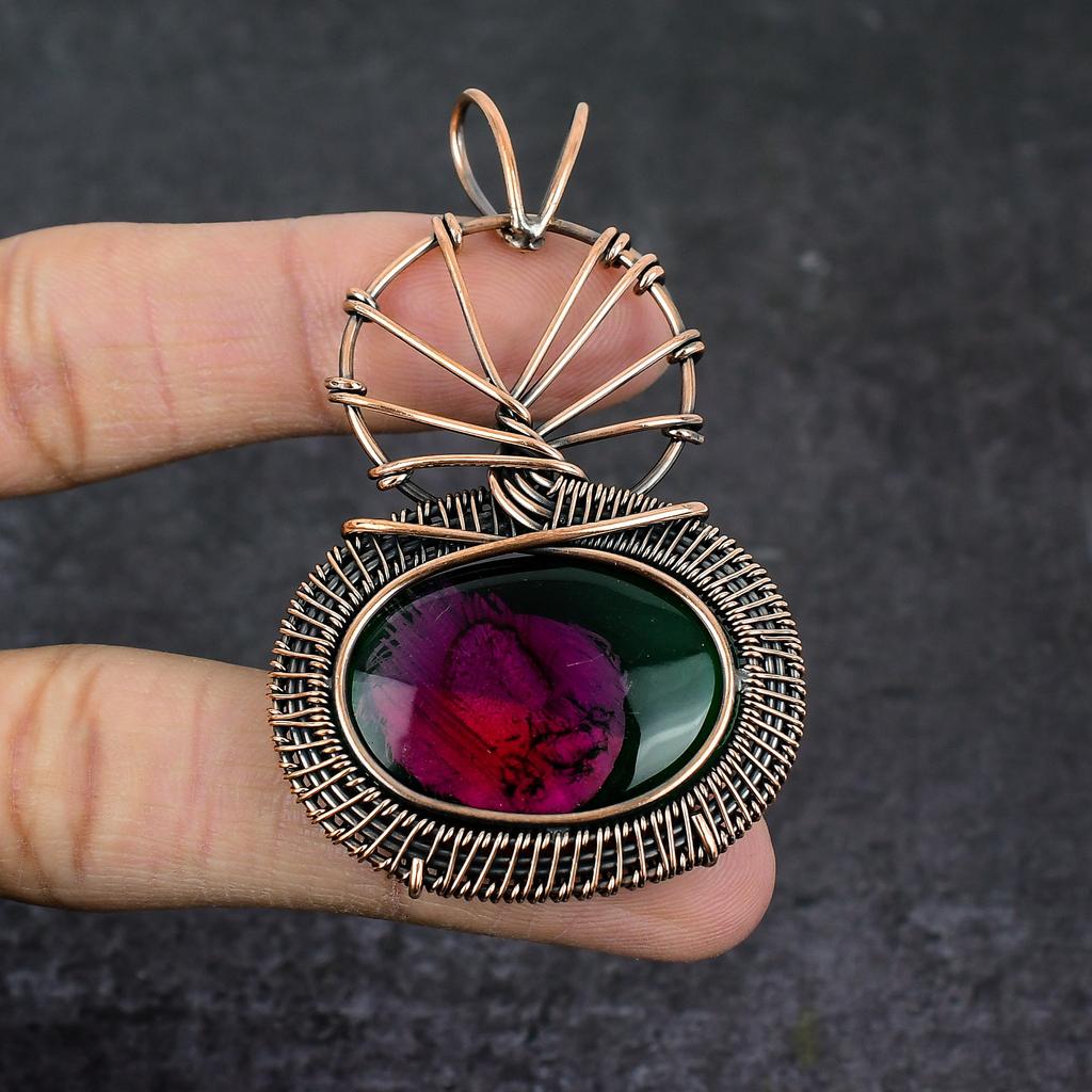 Pink Rubellite In Chrome Gemstone Handmade Copper Wire Wrap Pendant 2.76" n8F92