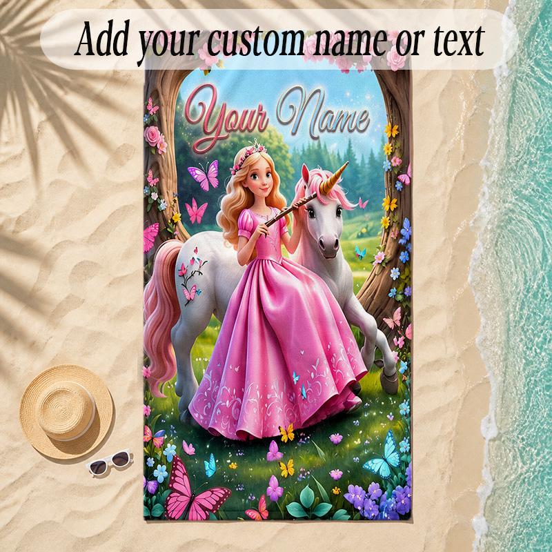 Unicorn Theme Soft Beach Towel Personalized Custom Name Text Towel Portable for Beach Pool Travel