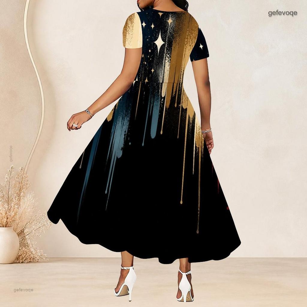 Women Plus Size Round Neck Short Sleeve Black Gold Printed A Line Long Dress