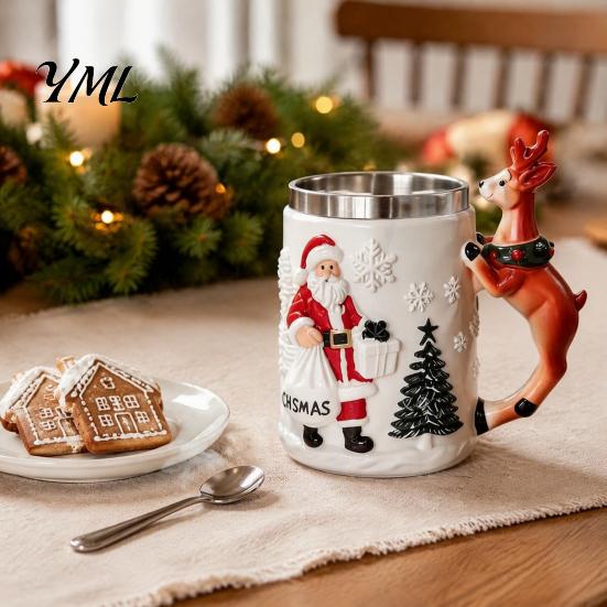 Decorative Desk Pen Holder Christmas Santa Claus Coffee Mug with Reindeer Handle, 300ml 3D Collectible Drinkware Embossed Resin Holiday Cup