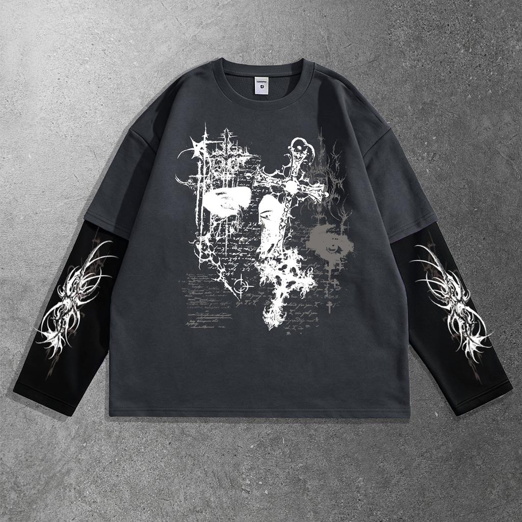 Thorns Cross Dark Fashion Style Men's Oversized Color-Blocked Long-Sleeve Top, Trendy Fashion Item