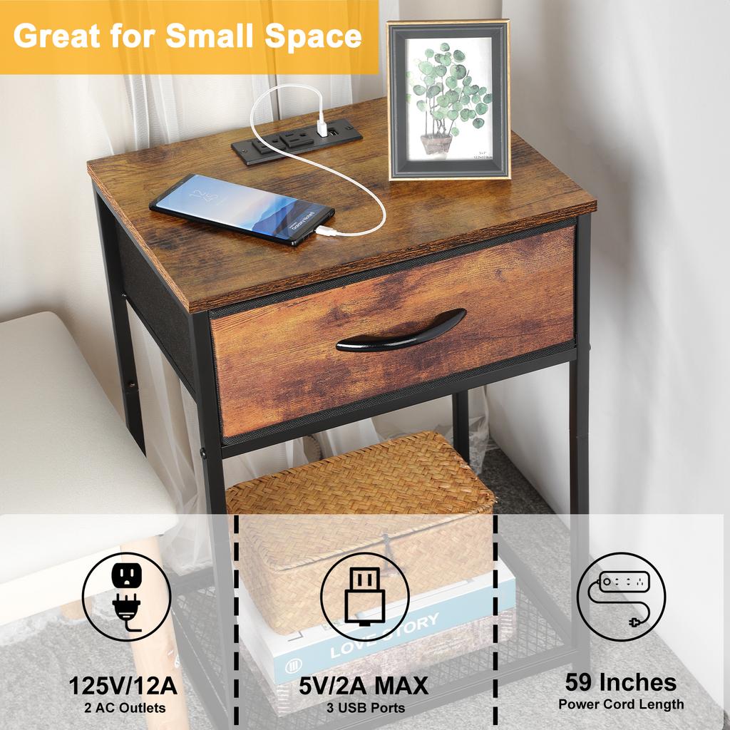 2-Pack Bedside/End Tables with Charging Station & Storage Drawers - Nightstand Set for Bedroom/Living Room Decor