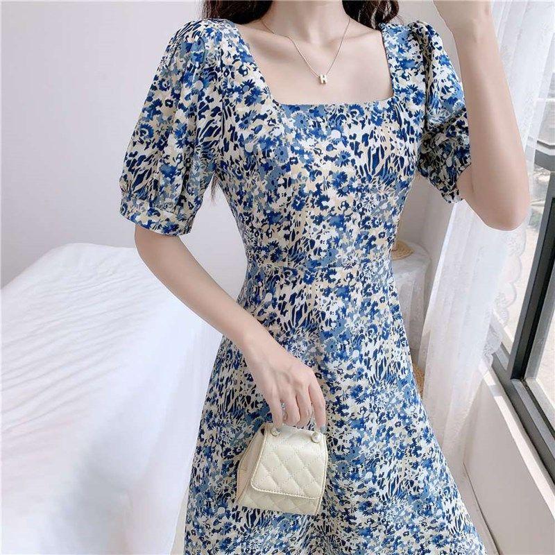 French Retro Puff Sleeve Large Size Skirt Summer Sweet Flora
