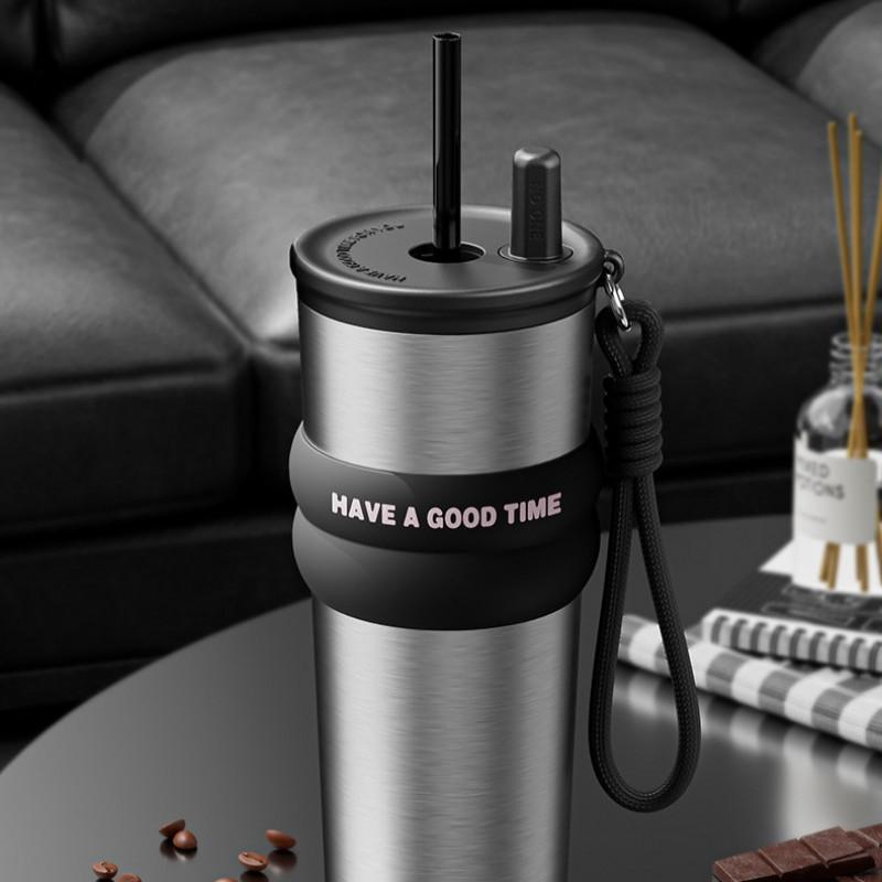 Stainless Steel Vacuum Insulated Travel Mug 710ml Leakproof With Straw Lid Modern Minimalist Design Office Car Outdoor Use
