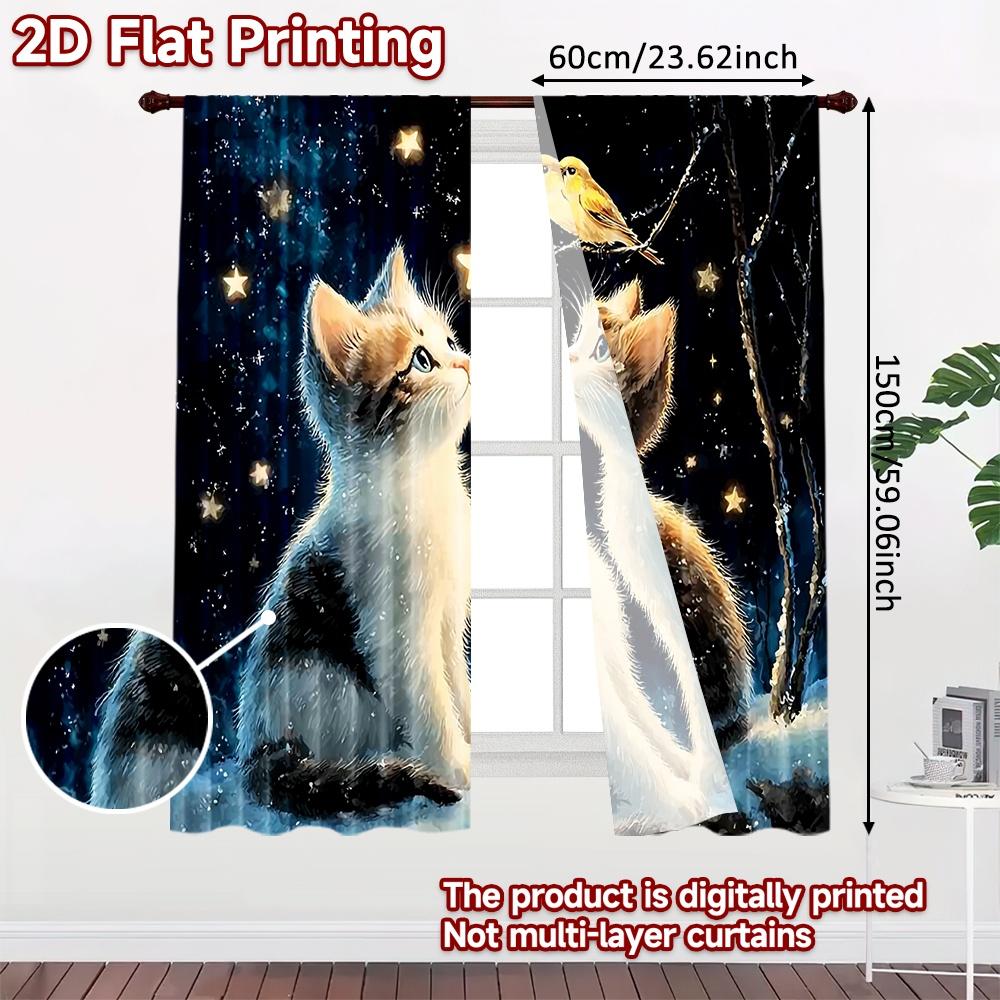 Set Of 2 Flat Printing Window Curtains Starlit Cat Wonder Digital Printed Polyester Drapes Party Decorations Use Home Wall Curtain