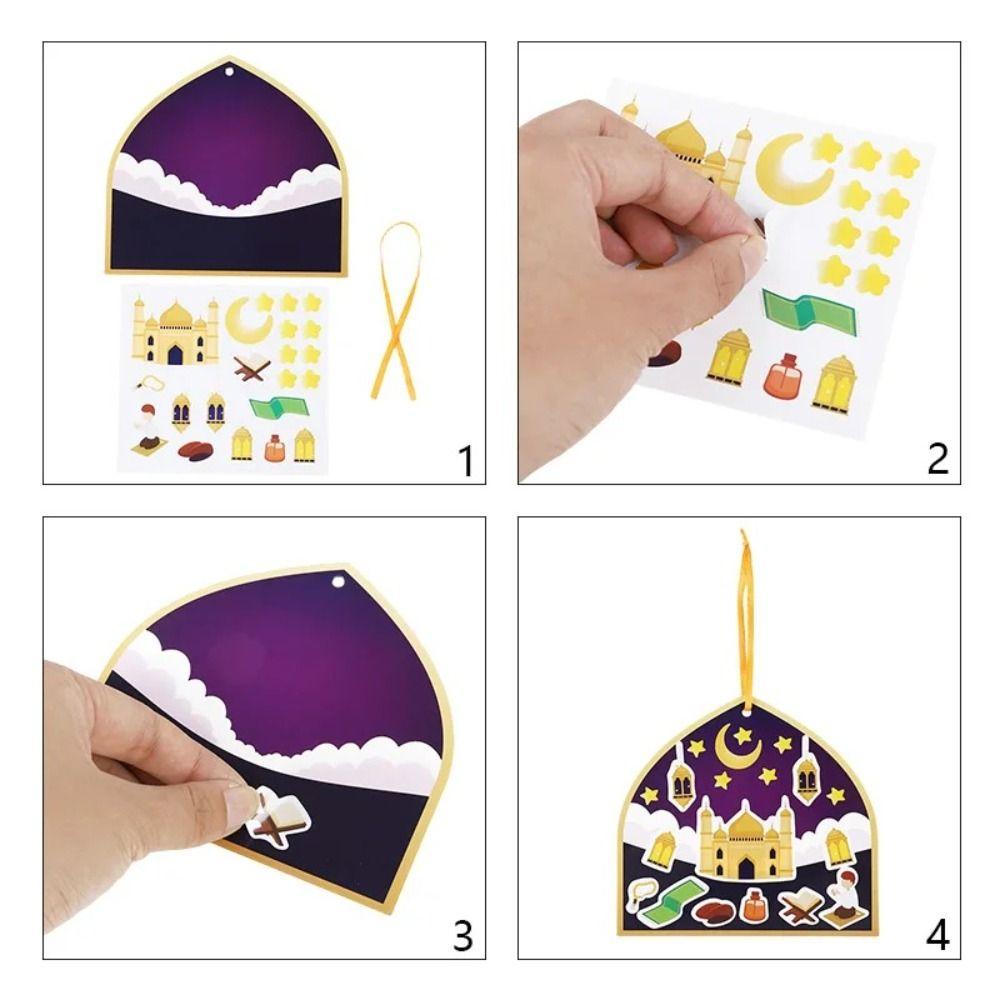 36Pcs/Set Craft Paper Eid Mubarak Craft Kits DIY Craft Colorful Ramadan DIY Scene Sticker With Ribbon Hanging Ornament