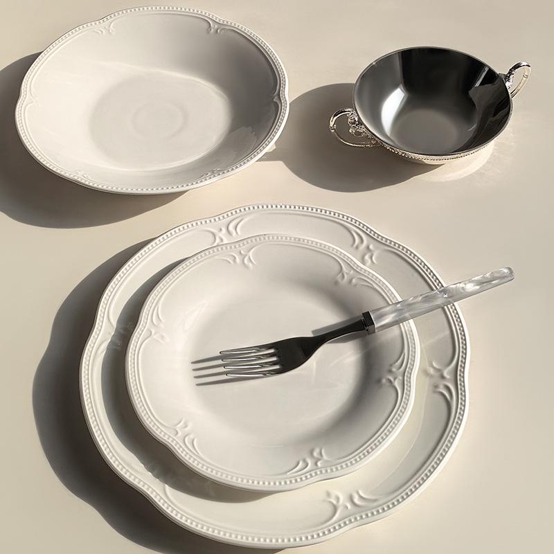 Attitude Life French Light Luxury Pure White Embossed Ceramic Dinnerware Set - Dessert & Western Food Plates.