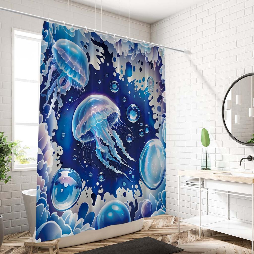 1Pc Blue Jellyfish Print Waterproof Shower Curtain Bathe Partition With 12 Hooks For Privacy Protection Easy Installation